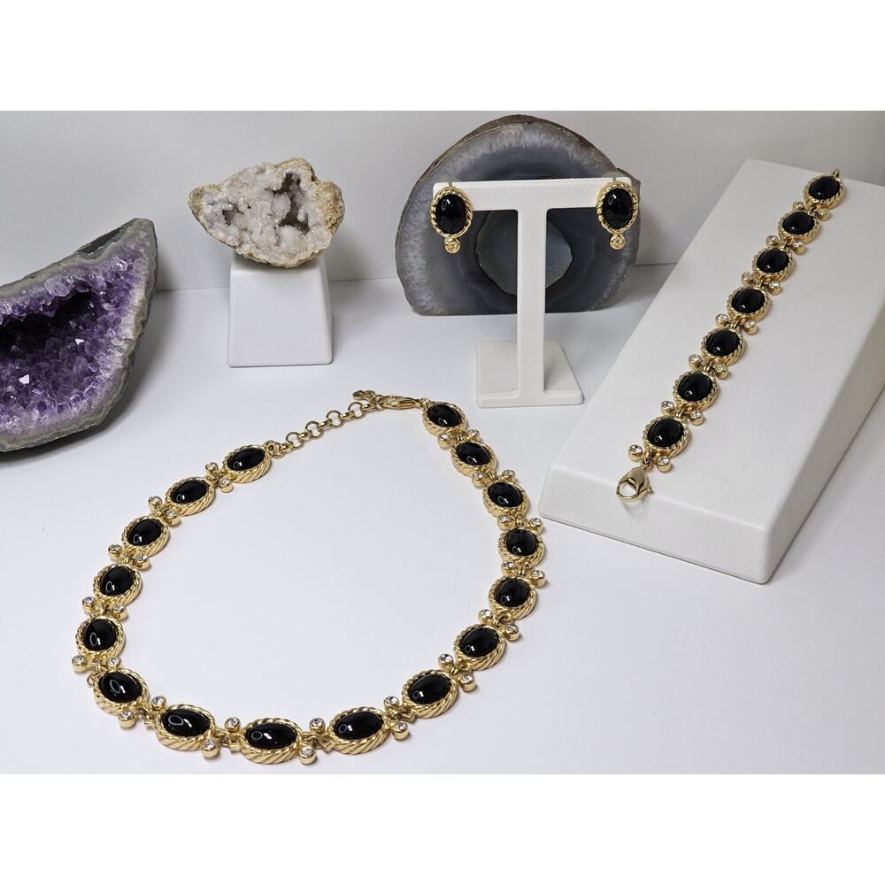 Vintage Christian Dior Black Cabochon and Crystal Gold Plated Signed Set